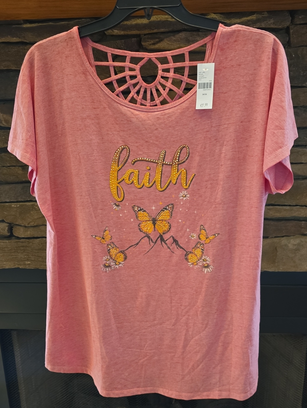 Lane Bryant Pink Tee with Gold 'Faith' Script & Butterfly Motif